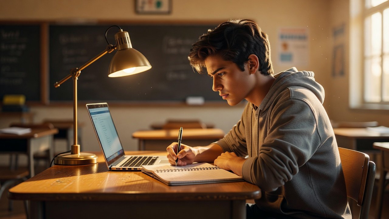 High school student writing by hand in a notebook beside an open laptop at a classroom desk