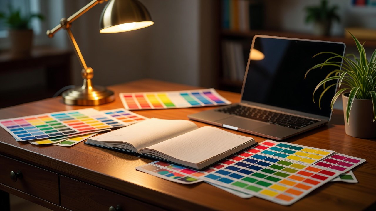 A student's desk with a research notebook, printed charts and a laptop under a warm lamp