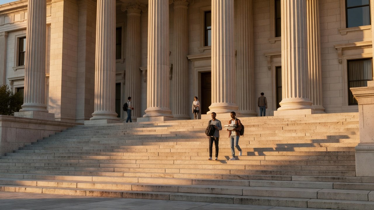 Students carrying books down the stone steps of a neoclassical academic building at golden hour