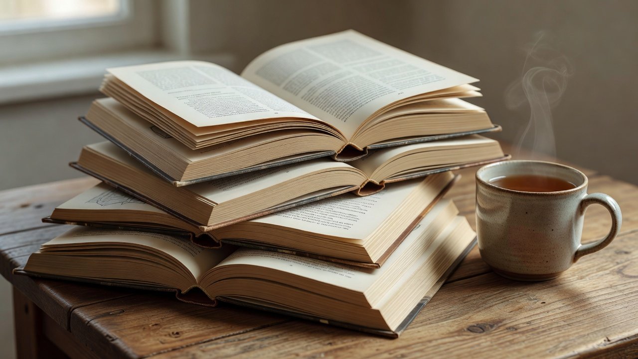Stack of open literary journals on a wooden table beside a steaming mug of tea