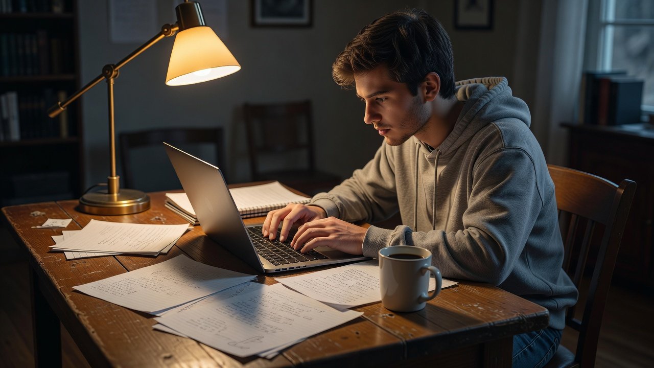 A student working through a programming problem on a laptop at a desk with notes