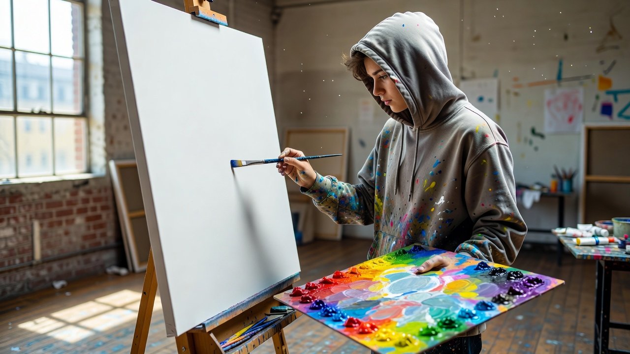 Teenage art student in a paint-spattered hoodie starting work on a blank canvas in a sunlit studio